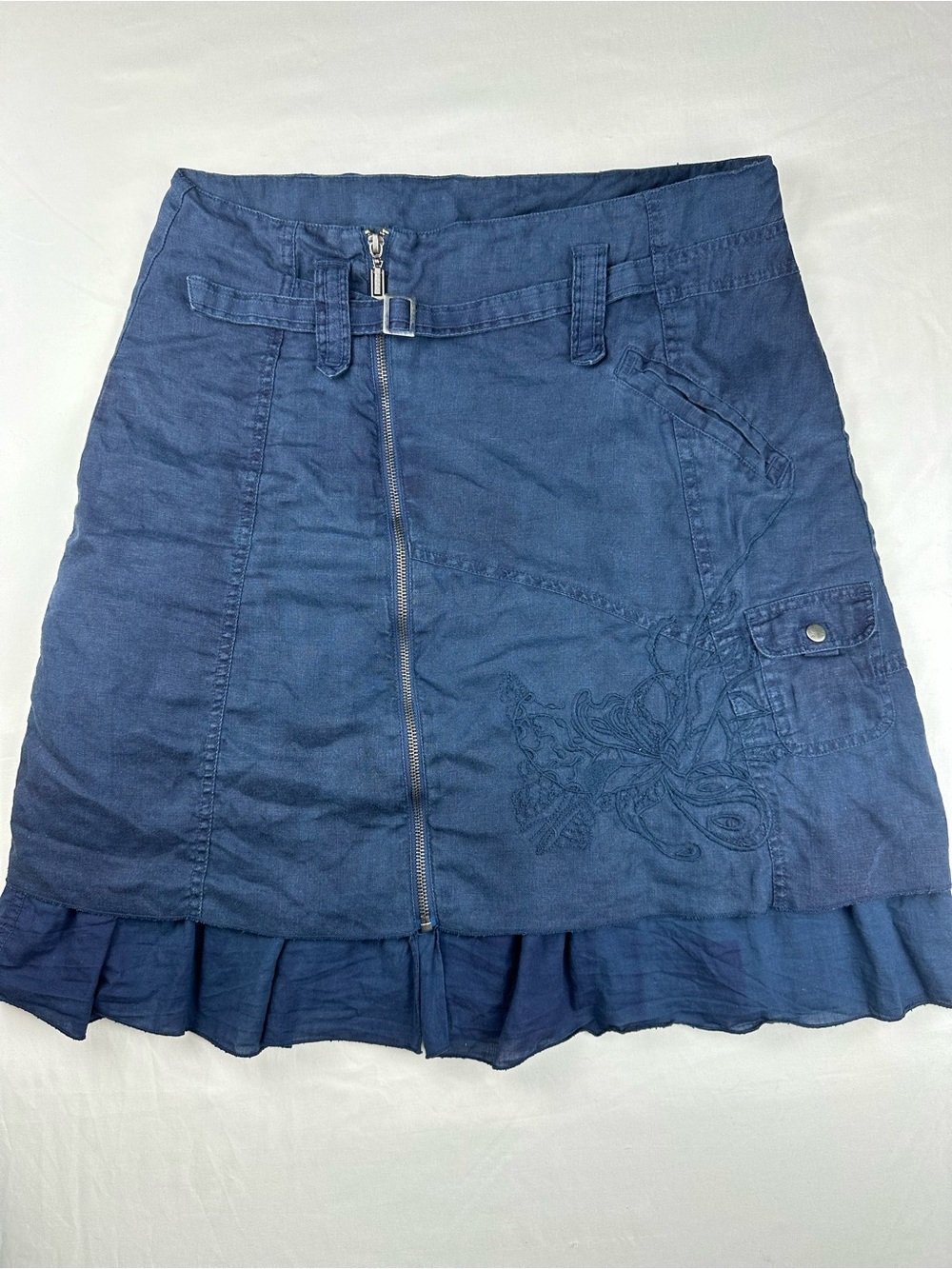 Y2K Navy Asymmetric Zip Cargo Utility Ruffle Midi Skirt Vintage Fairy Indie Sz L